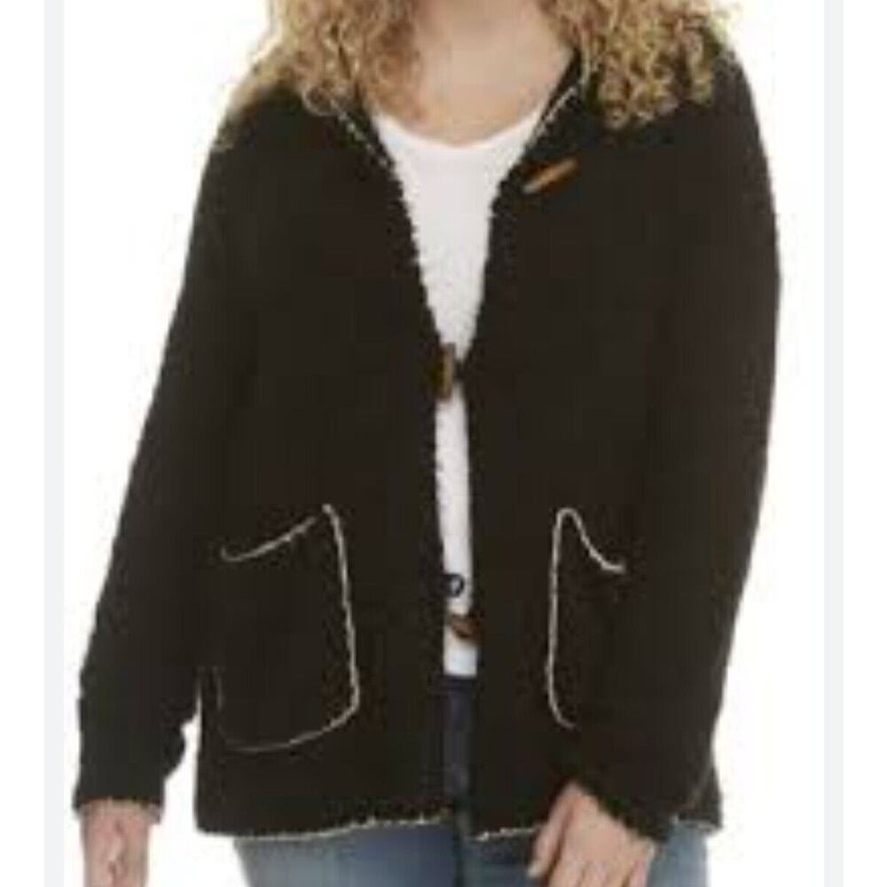 Wonderly Womens SZ XL Stardust Soft Black‎ Tan Eyelash Trim Hooded Sweater